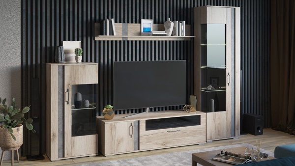 Гостиная «Брайтон» №2 Камень/Дуб Делано/Ш-2550 x В-1715 x Г-463 мм)